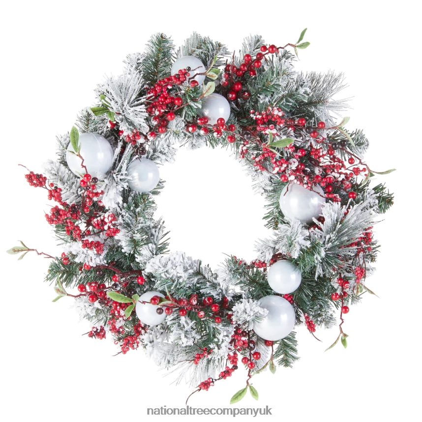 Greenery | National Tree Company Artificial Christmas Wreath Green Evergreen Decorated with Frosted Branches Ball Ornaments Berry Clusters Christmas Collection 24 Inches F2L4F275